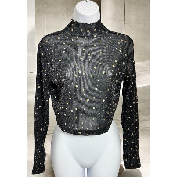 Black Mesh Crop Top Sz M Gold Stars Mock Neck Long-Sleeve Blouse Stretch - Picture 4 of 10